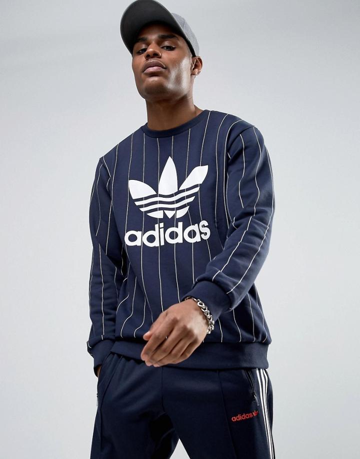 Adidas Originals Tokyo Pack Pinstripe Crewneck Sweatshirt In Navy Bq3113 - Navy