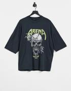 Asos Design Oversized T-shirt In Washed Black Organic Cotton With Skull Front And Back Print-grey