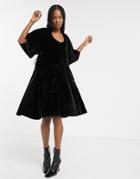 Asos White Velvet Smock Dress With Pockets-black