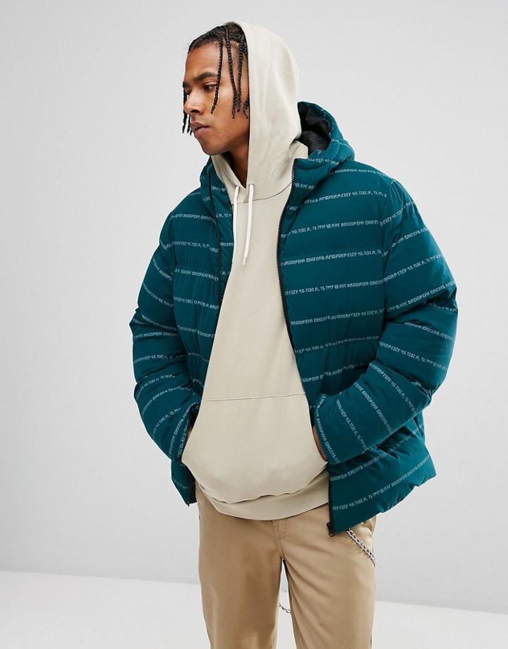 Asos Puffer Jacket With Print In Green - Green