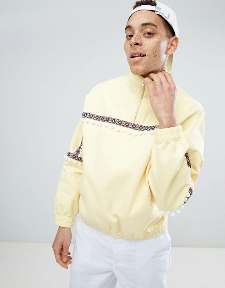 Asos Design Festival Denim Windbreaker With Pom Poms In Yellow - Yellow