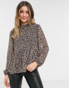 Pieces Blouse With Peplum In Black Micro Floral-multi