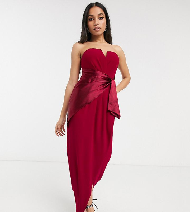 Tfnc Petite Bridesmaid Bandeau Midi Wrap Dress With Satin Front Detail In Mulberry-red