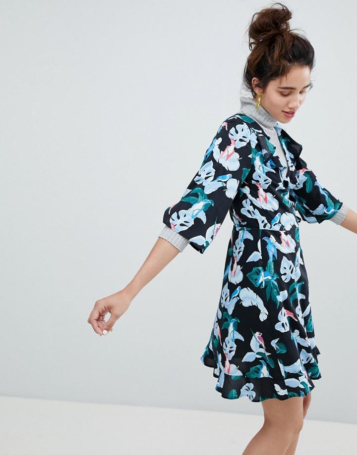 Monki Tropical Bird Print Wrap Mini Dress - Multi