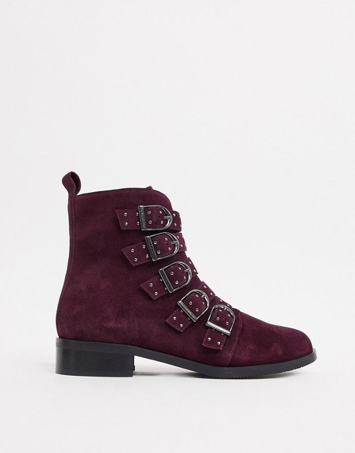 Karen Millen Bronte Leather Studded Buckle Boots In Burgundy-red