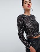 Asos Design Long Sleeve Top With Sequin Embellishment-black