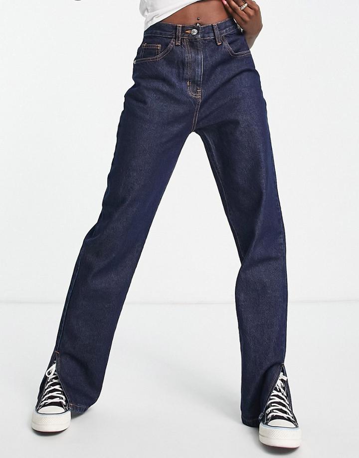 Rebellious Fashion Denim Straight Leg Side Split Jeans In Indigo-navy