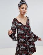 Glamorous Long Sleeve Tea Dress With Button Front In Antique Floral-black