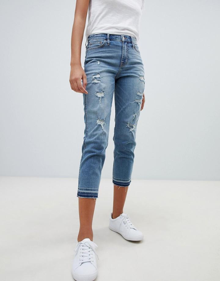 Hollister Dark Destroyed Girlfriend Jeans-blue
