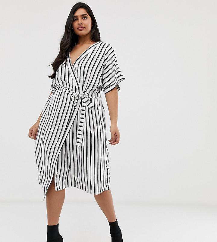 Asos Design Curve Wrap Midi Dress In Stripe Print - Multi