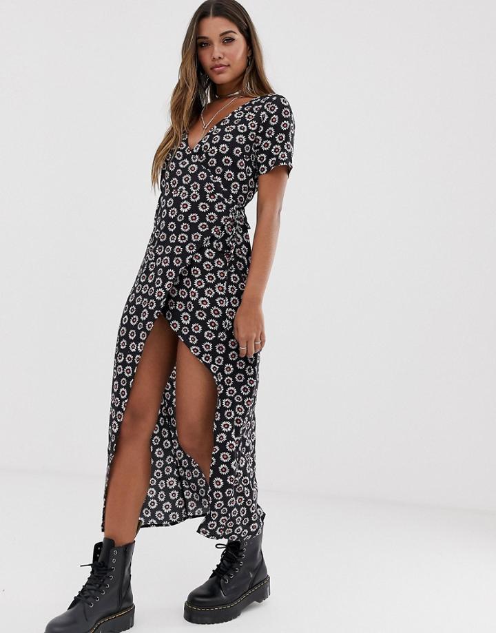 Motel Midi Dress With Thigh Split In Floral-black