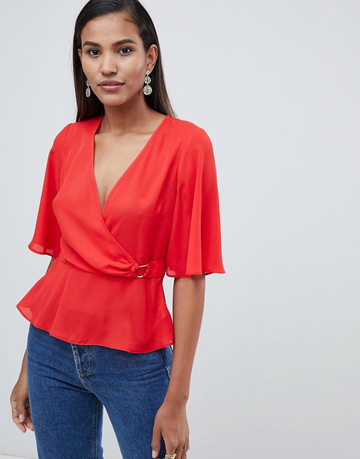 Miss Selfridge D-ring Wrap Top - Red