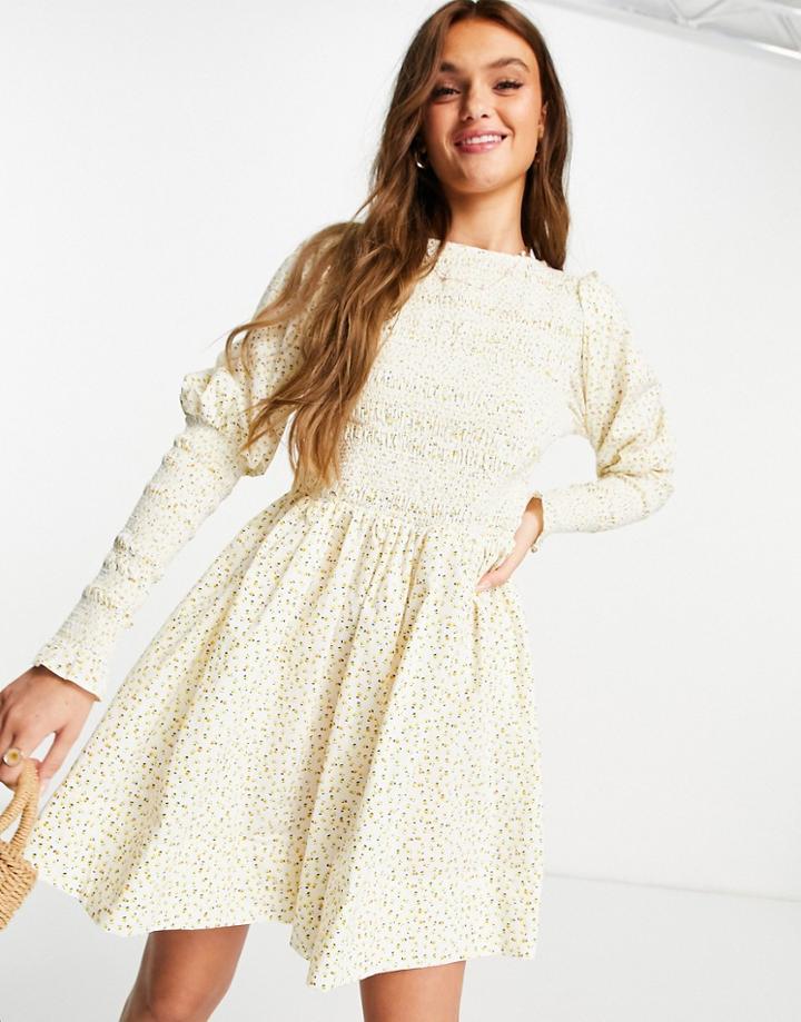 Asos Design Shirred Mini Skater Dress With Shirred Cuffs In Cream Floral Print-multi