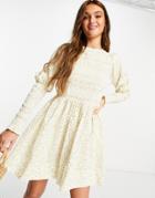 Asos Design Shirred Mini Skater Dress With Shirred Cuffs In Cream Floral Print-multi