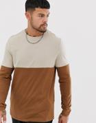 Asos Design Organic Long Sleeve T-shirt With Contrast Yoke In Brown - Brown