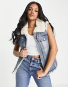 Guess Denim Sherpa Logo Vest In Off White