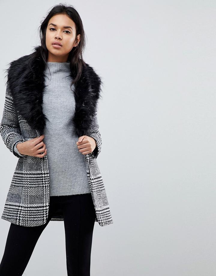 Parisian Check Coat With Faux Fur Collar - Black