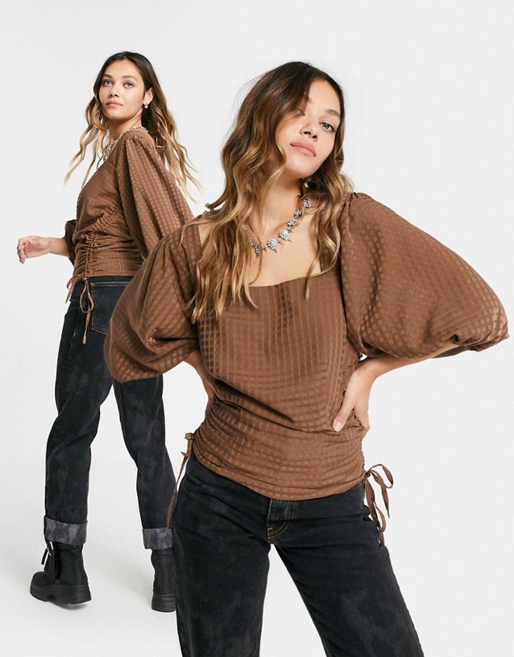 Asos Design Circular Textured Top With Puff Sleeves In Brown-white