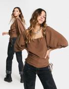Asos Design Circular Textured Top With Puff Sleeves In Brown-white
