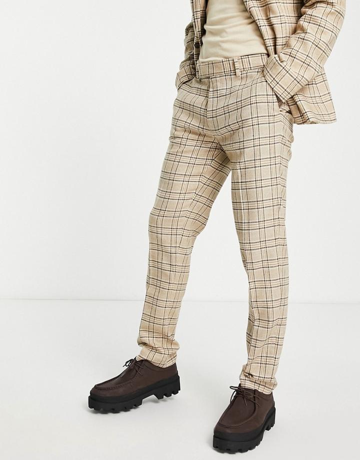 Asos Design Slim Suit Pants In Stone Check-neutral