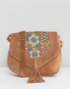 Park Lane Suede Cross Body Bag With Embroidery And Tassel Detail - Tan