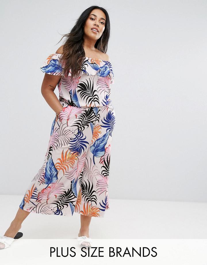 New Look Plus Palm Print Ruffle Culotte Jumpsuit - White