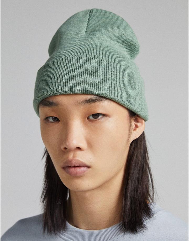 Bershka Knitted Beanie In Sage-green