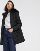 Only Minea Long Line Padded Coat With Faux Fur Hood-black