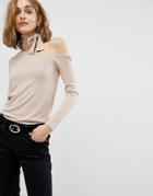 Lost Ink Slim Sweater With Cut Out Collar And Tie Neck - Beige