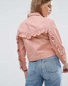 Asos Denim Jacket With Ruffle Back In Washed Pink - Pink