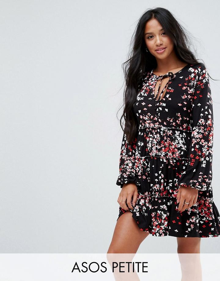 Asos Petite V Neck Smock Dress With Balloon Sleeve In Floral Print - Multi