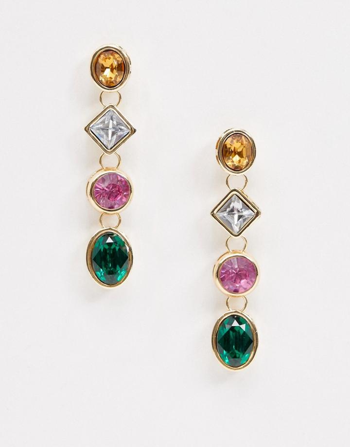 Monki Multi Color Rhinestone Drop Earrings In Gold - Gold