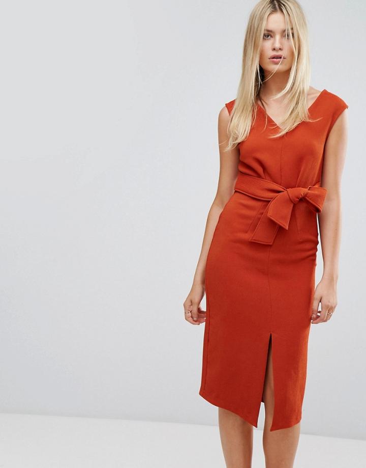 Closet Midi Dress With Tie Front - Orange
