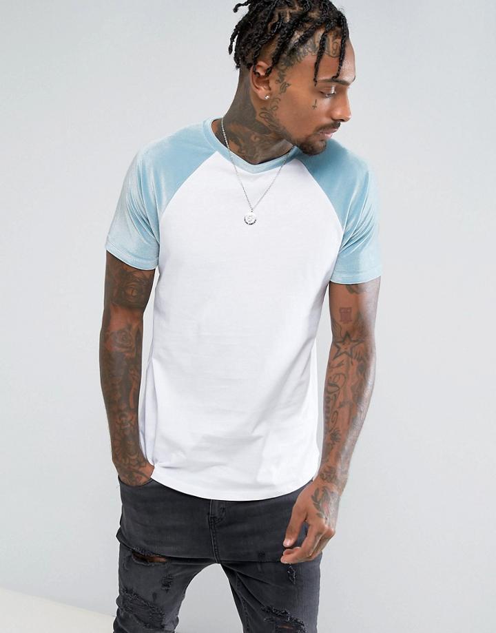 Asos T-shirt With Mini Curved Hem And Contrast Velour Raglan Sleeves In Cool Blue - White