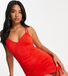 Asos Design Petite Double Strap Ruched Mini Dress In Red