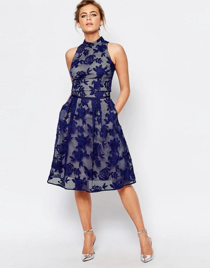 Coast Trellis Embroidered Midi Skirt - Navy