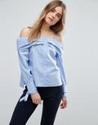 Asos Cold Shoulder Top With Button Front And Tie Cuff - Blue