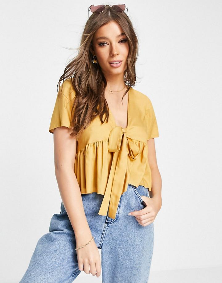 Asos Design Short Sleeve Tie Front Tea Blouse In Mustard-yellow