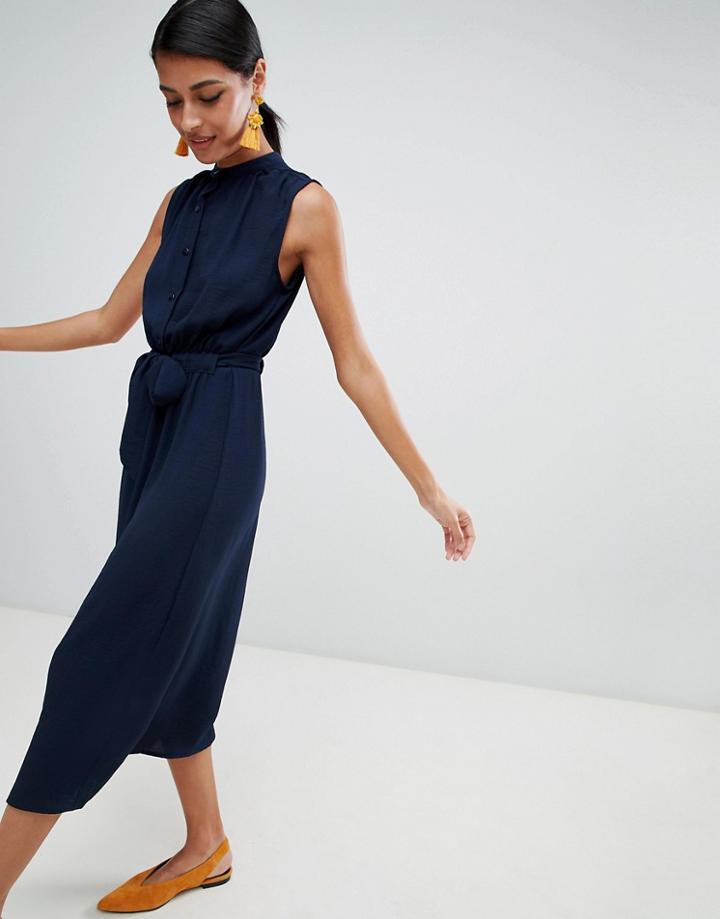 Warehouse Textured Button Through Dress In Navy - Navy