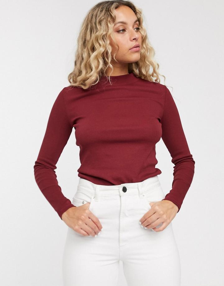 Monki Ribbed Crew Neck Top In Burgundy-red