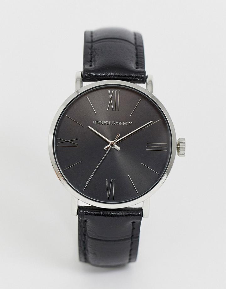 Asos Design Classic Watch In Black And Silver With Faux Croc Strap - Black