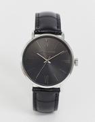 Asos Design Classic Watch In Black And Silver With Faux Croc Strap - Black