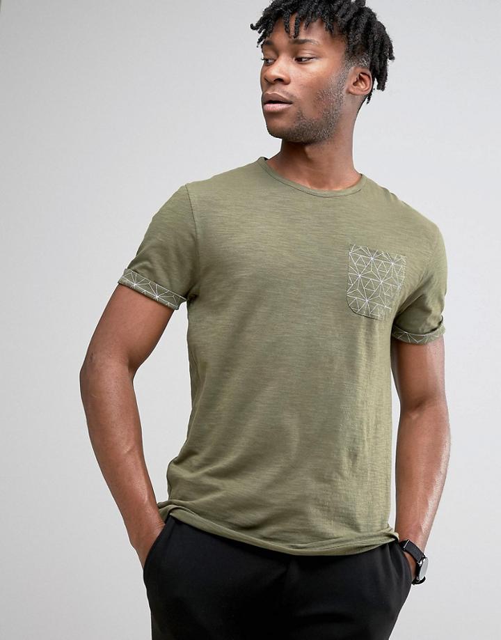 Bellfield T-shirt With Rolled Sleeves And Geometric Print Pocket - Nav
