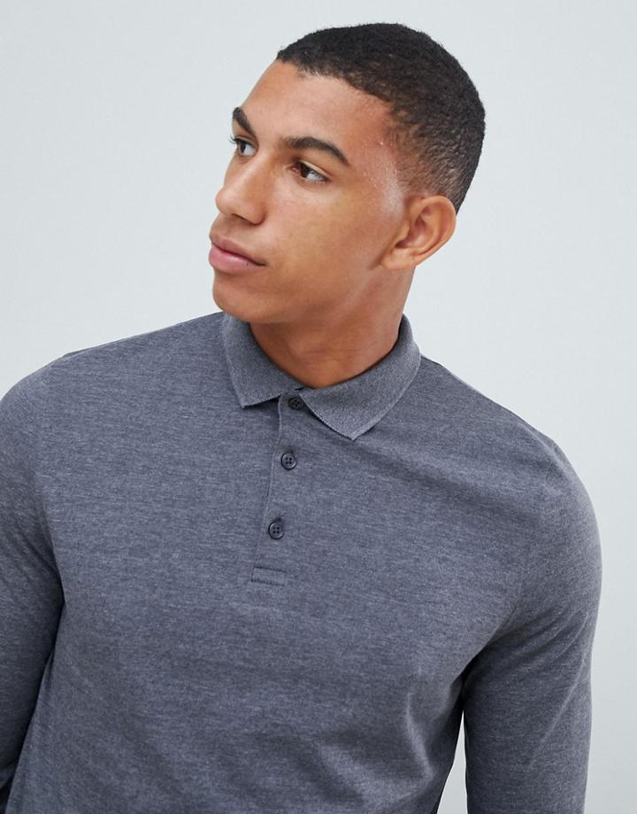 Asos Design Long Sleeve Jersey Polo In Grey - Gray