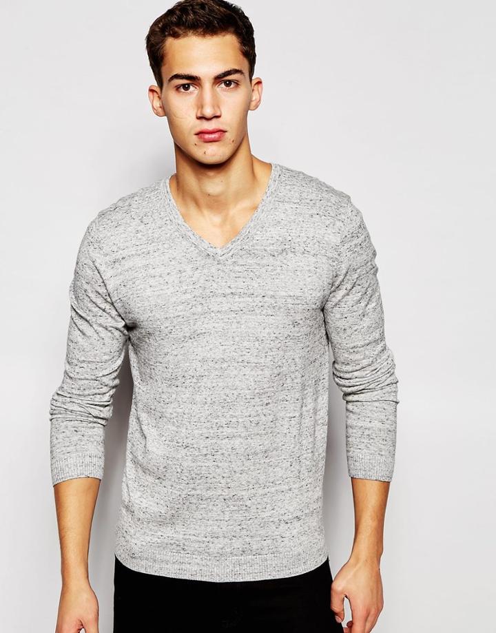 Asos V Neck Jumper In Grey Cotton - Gray