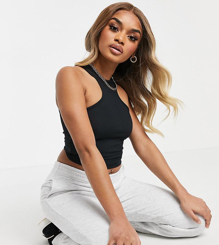 Asos Design Petite Racer Front Crop Top In Rib In Black