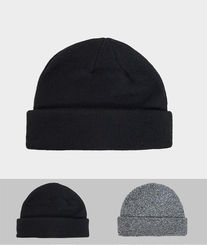 Asos Design 2 Pack Mini Fisherman Beanie In Black And Black Twist Save-multi