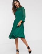 Asos Design Lace Insert Pleated Midi Skater Dress With Long Sleeves-green