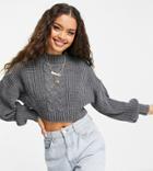 Missguided Petite Cropped Cable Knit Sweater In Charcoal-grey