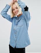 Asos Denim Shirt In Cali Light Wash With Elbow Patches - Blue